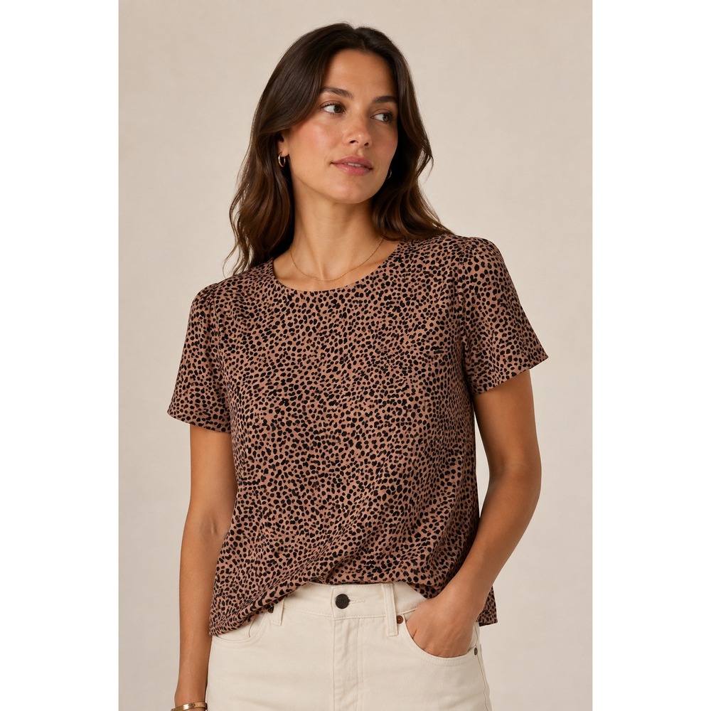 J.Crew Womens Leopard Print Short Sleeve Blouse Tan Black Animal Print Top L